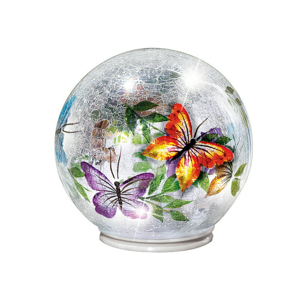 Lighted Crackled Glass Ball Decorative Butterfly 6” Dia.